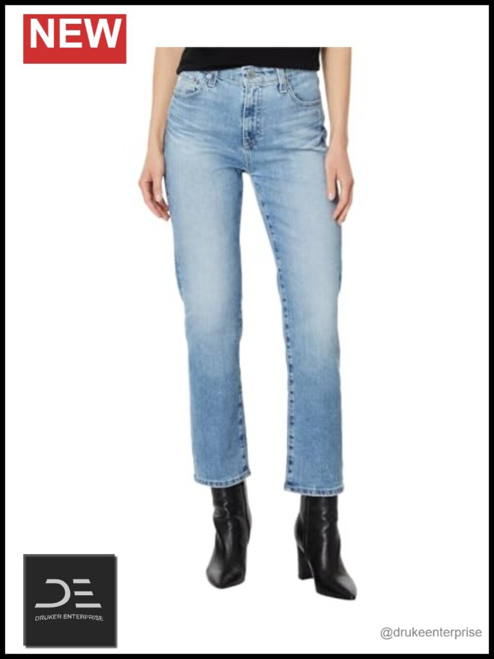 High Rise Straight Crop Jeans Zip Fly Cotton Blend